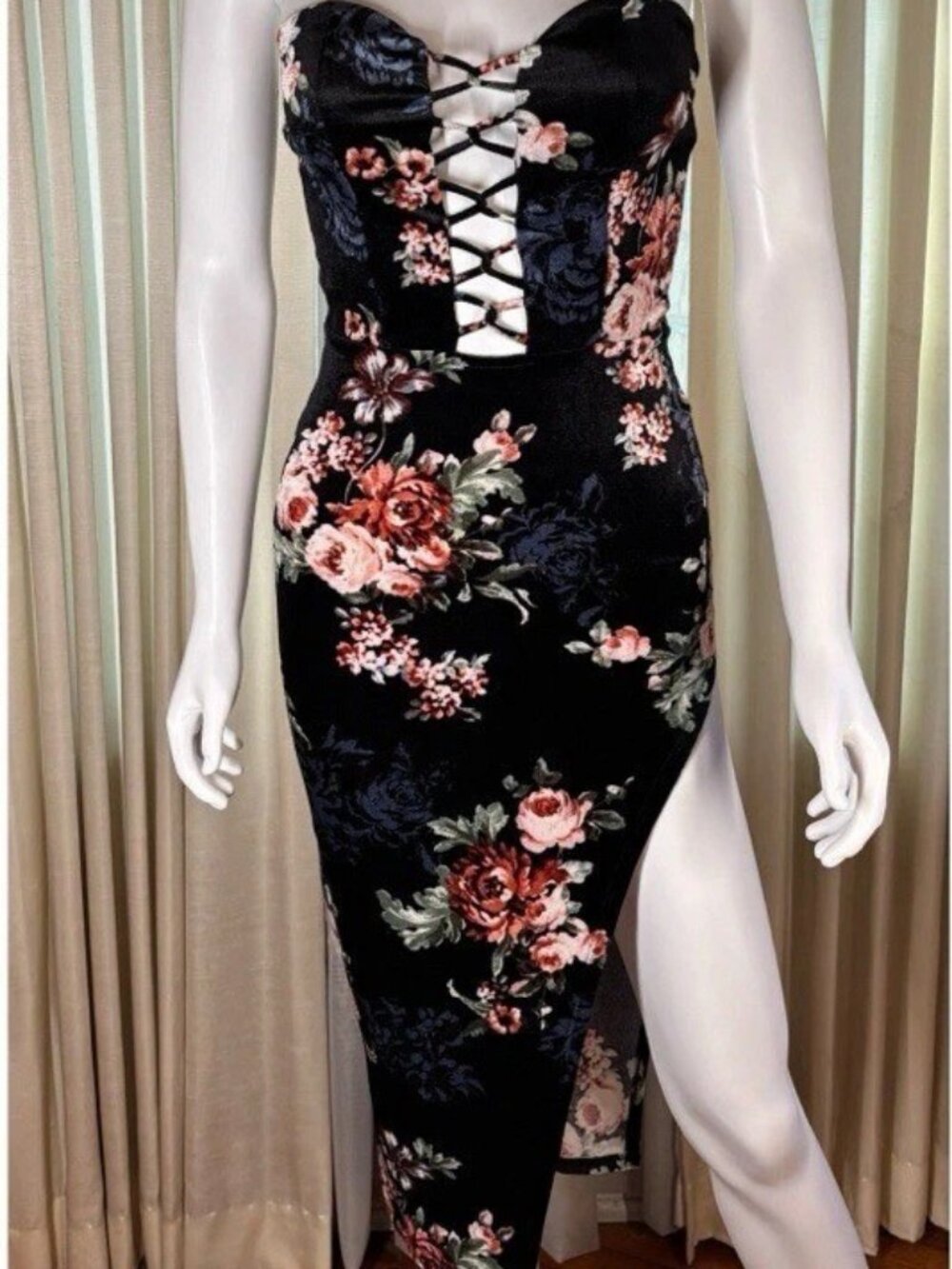 Blanc Black Floral Velvet Strapless Lace Up Bodycon Midi Dress Side Slit S NWOT